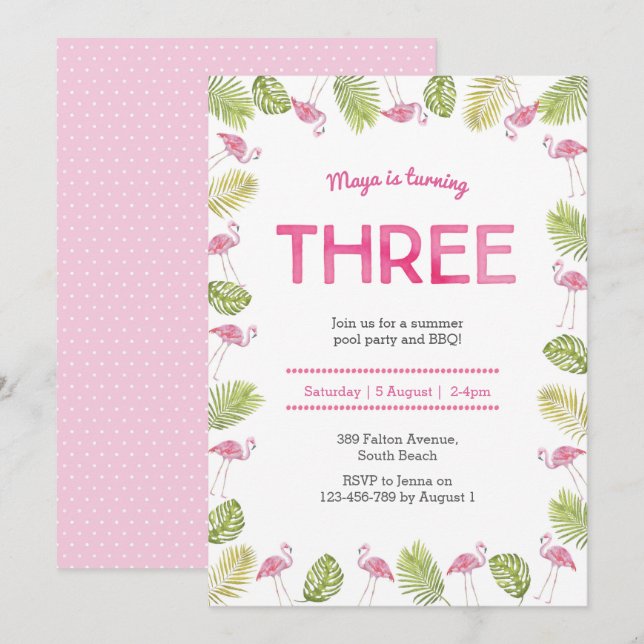 Inbjudan till tredje födelsedag | tropiskt flaming (Fram/baksida)