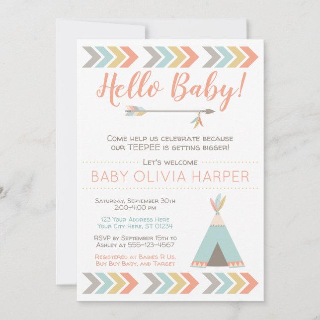 Inbjudan till tribal Baby Shower | Teepee Sprinkle (Framsida)