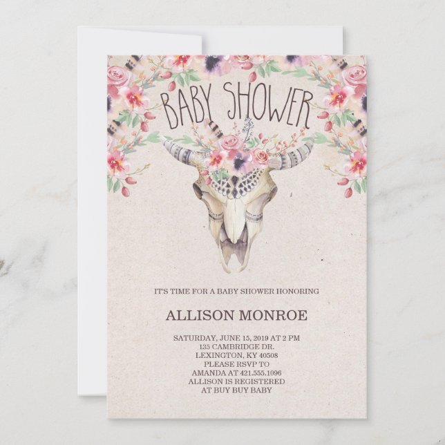 Inbjudan till tribal Boho och Blommigt Baby Shower (Framsida)