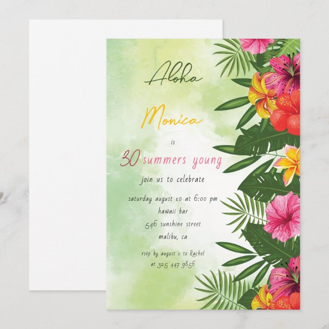 Inbjudan till Tropical Aloha Birthday (Fram/baksida)