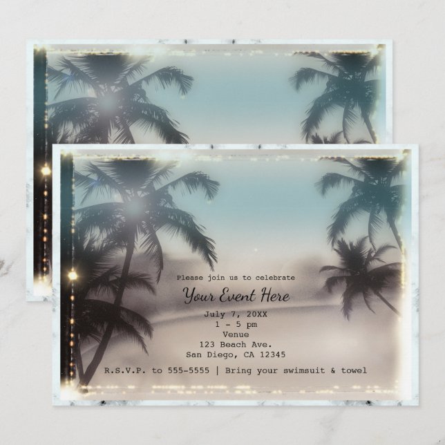 Inbjudan till Tropical Beach i Elegant handflatan (Fram/baksida)