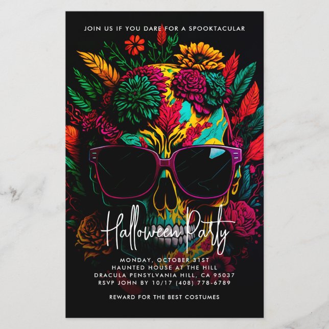 Inbjudan till Tropical Blommigt Skull Halloween fe Flygblad (Framsidan)