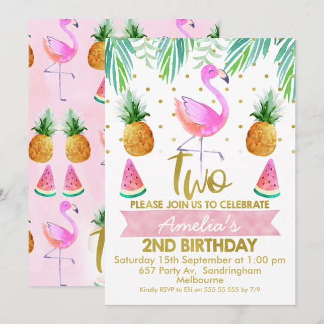 Inbjudan till Tropical Flamingo 2:a födelsedagen (Fram/baksida)