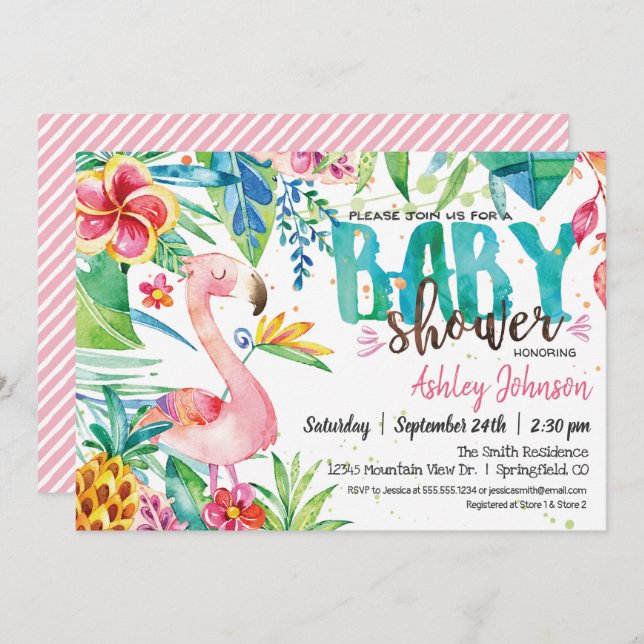 Inbjudan till Tropical Flamingo Baby Shower (Fram/baksida)