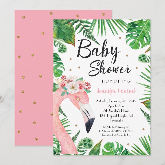 Inbjudan till Tropical Flamingo Baby Shower (Fram/baksida)