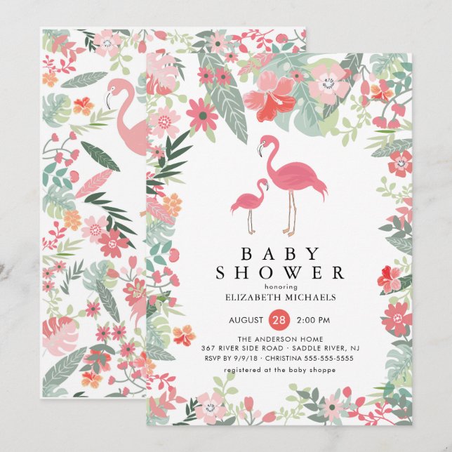 Inbjudan till Tropical Flamingo Baby Shower (Fram/baksida)