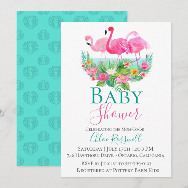Inbjudan till Tropical Flamingo Baby Shower (Fram/baksida)