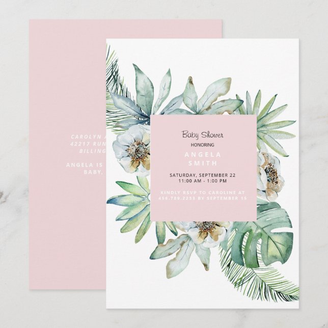 Inbjudan till Tropical Foliage Rosa Baby Shower (Fram/baksida)