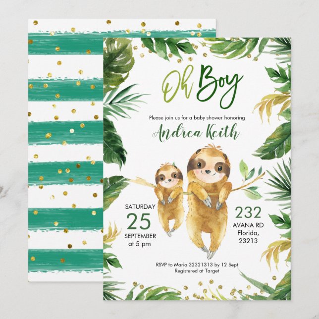 Inbjudan till Tropical Forest Sloth Baby Shower (Fram/baksida)