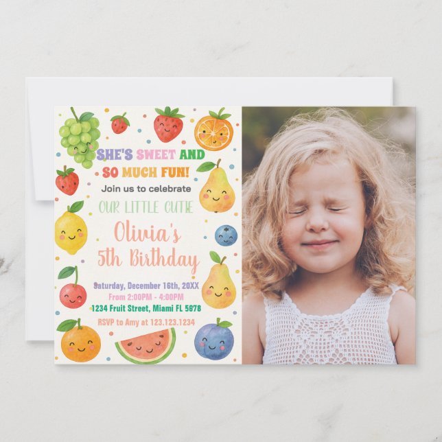 Inbjudan till Tropical Fruit Birthday med foto (Framsida)