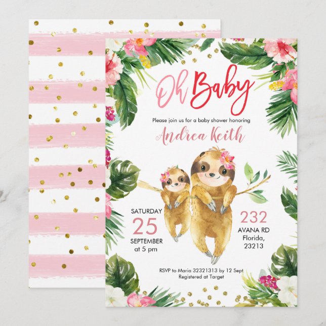 Inbjudan till Tropical Girl Sloth Baby Shower (Fram/baksida)