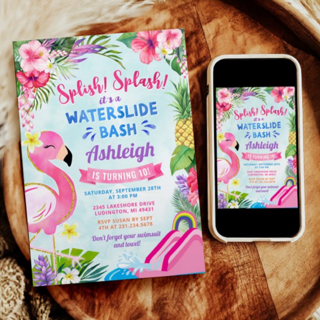 Inbjudan till Tropical Girly Watertills Birthday (Tropical Girly Waterslide Birthday Invitation with an Adorable Pink Flamingo)