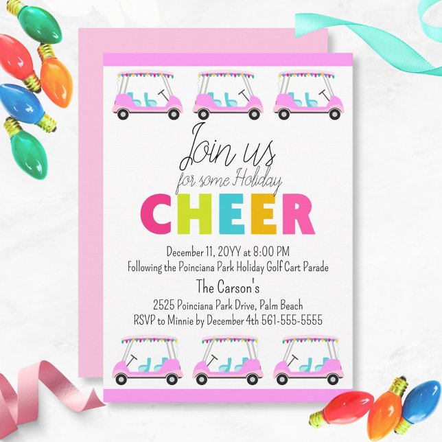 Inbjudan till Tropical Golf Cart Parad Julfest (Fun Pink Holiday Golf Cart Parade Party Invitation. Holiday Cheer in tropical style)