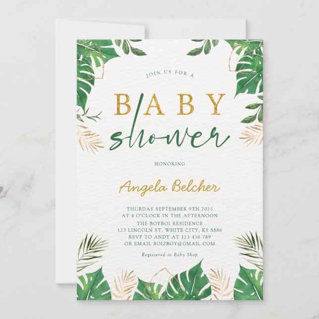 Inbjudan till Tropical Grey Baby Shower (Framsida)