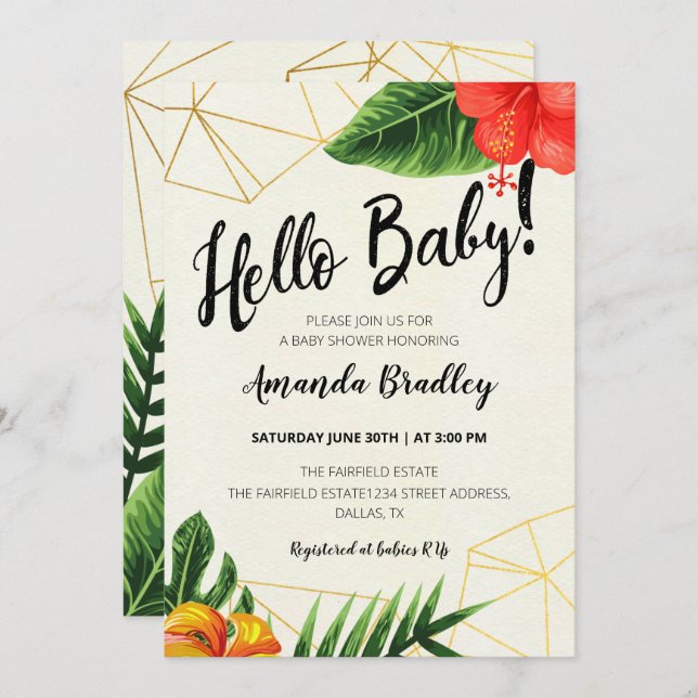 Inbjudan till Tropical Guld Hej Baby Shower (Fram/baksida)