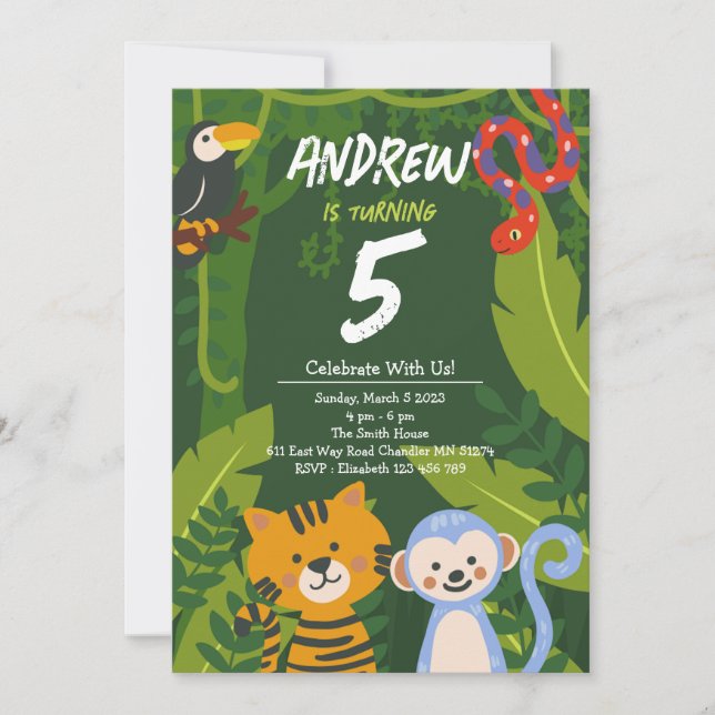 Inbjudan till Tropical Jungle Animal Birthday (Framsida)