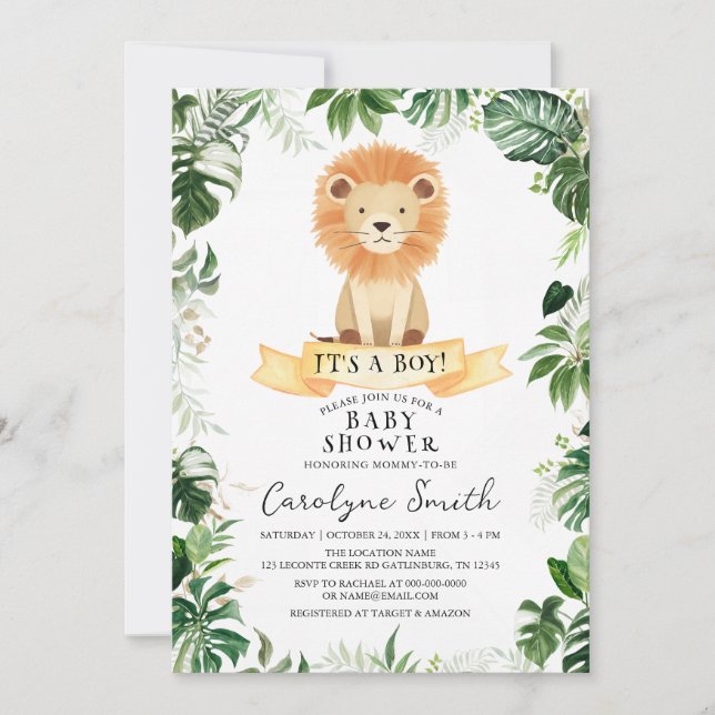 Inbjudan till Tropical Jungle Lejon Baby Shower (Framsida)
