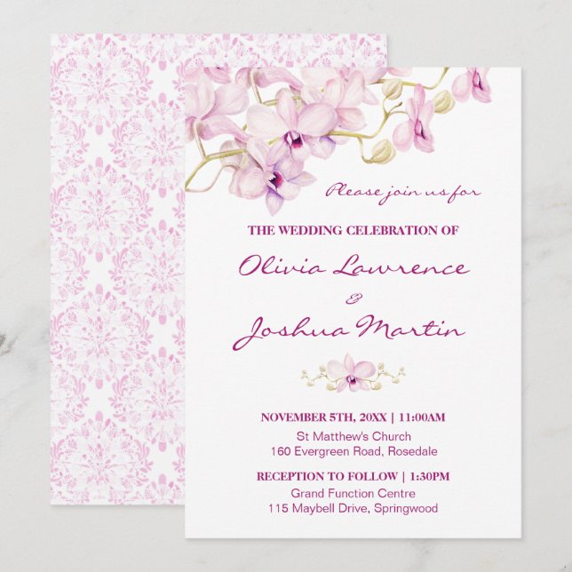 Inbjudan till Tropical Lila Orchid Wedding (Fram/baksida)