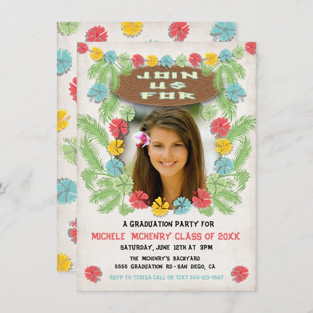Inbjudan till Tropical luau Hawiian Studenten (Fram/baksida)