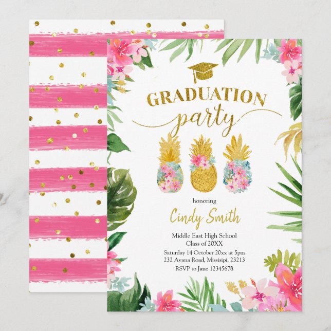 Inbjudan till Tropical Luau Pineapple Studenten (Fram/baksida)