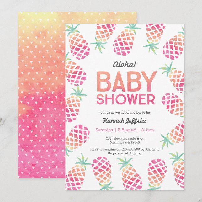 Inbjudan till Tropical pineapple rosa Baby Shower (Fram/baksida)