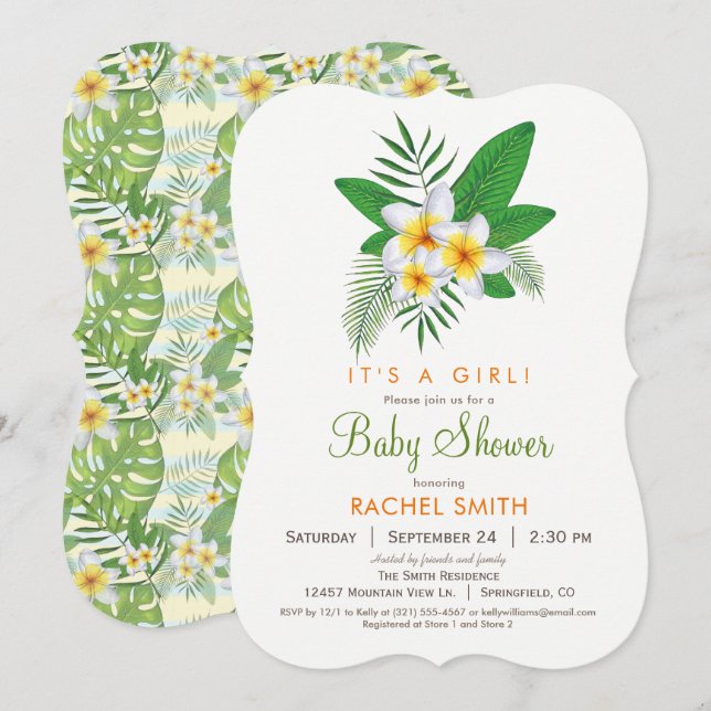 Inbjudan till Tropical Plumeria Baby Shower (Fram/baksida)