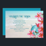 Inbjudan till Tropical Plumeria Beach Julfest<br><div class="desc">Skicka inbjudningar med ett tropiskt strandtema för en julfest. Rosa plumeria-blommor,  en stjärnfisk och en tealblått boll-prydnadsämne dekorerar kant över en strandbotten. "Fira säsongen" är texten längst upp,  som kan ändras. Lägg till information om partinbjudan i styckeformuläret. Reverse dekoreras också med hawaiiska blommor mönster över mörk blått.</div>