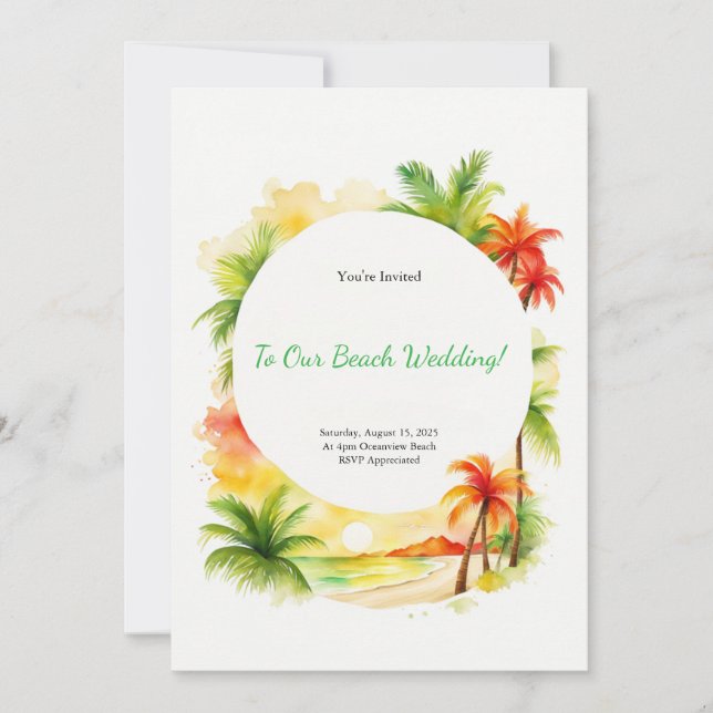 Inbjudan till Tropical Watercolor Beach Wedding (Framsida)