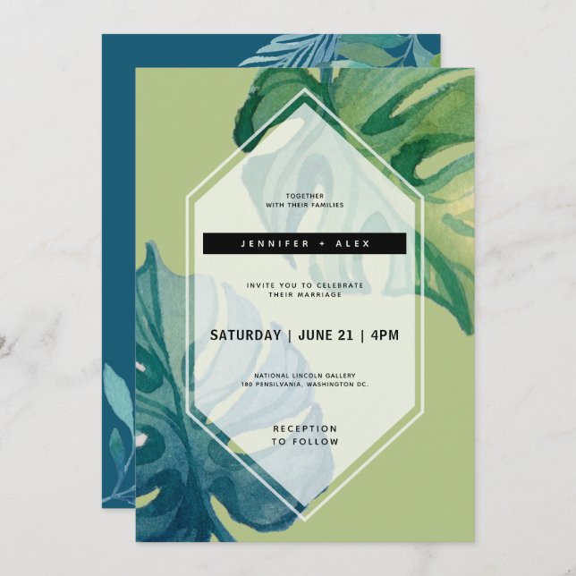 Inbjudan till Tropical Watercolor Foliage Wedding (Fram/baksida)