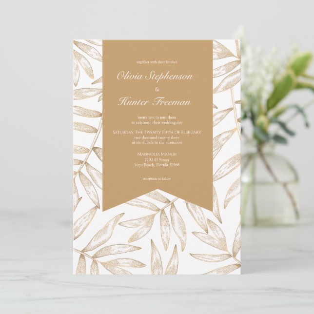 Inbjudan till Tropical Wedding i elegant Guld (Stående Fram)