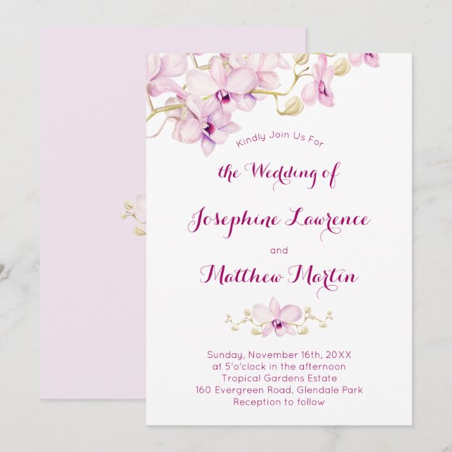 Inbjudan till tropisk Lila Orchid Flower Wedding (Fram/baksida)