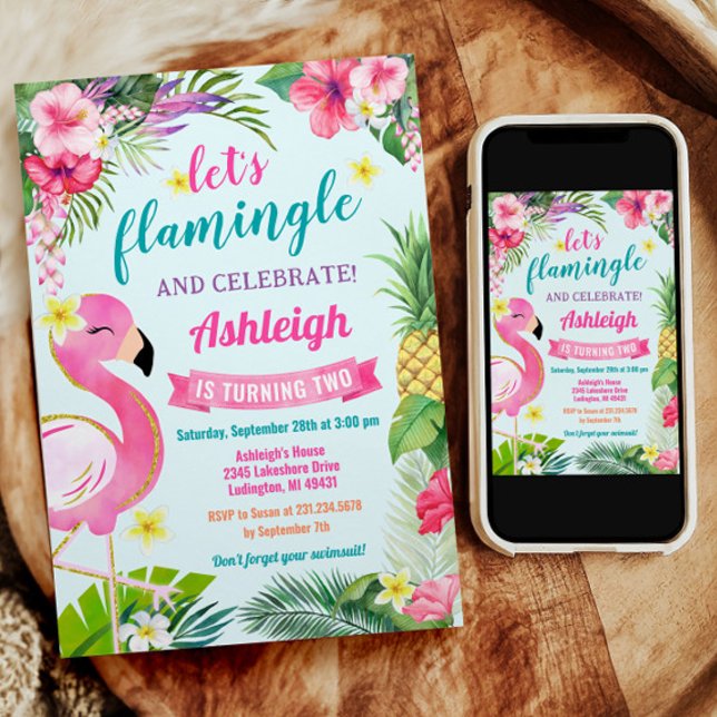 Inbjudan till tropisk sommardag 2:a födelsedag (Tropical Summer Flamingo 2nd Birthday Party Invitation.)