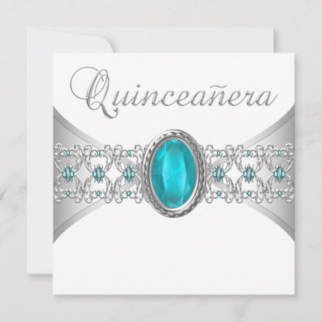 Inbjudan till turkos Blue Silver Quinceanera (Framsida)