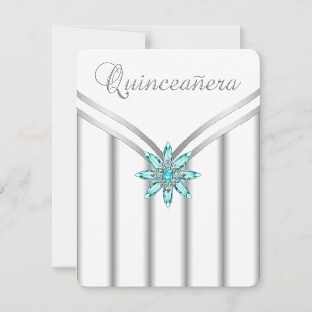 Inbjudan till turkos Blue Silver Quinceanera (Framsida)