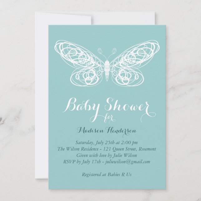 Inbjudan till turkos Butterfly Baby Shower (Framsida)