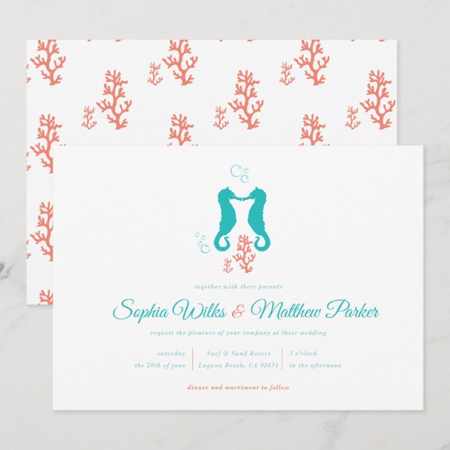 Inbjudan till turkos Coral Seahorse Wedding (Fram/baksida)