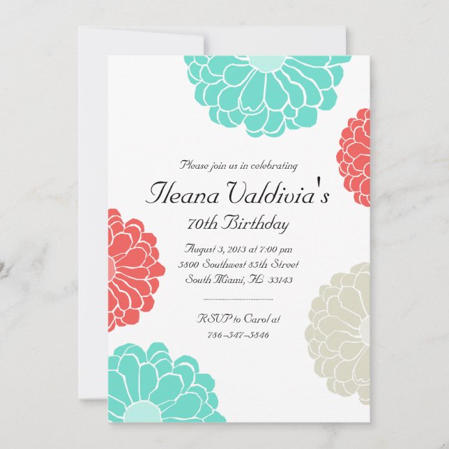 Inbjudan till turkos Coral Zinnia Flower Birthday (Framsida)