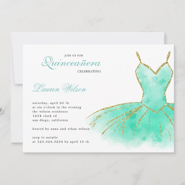 Inbjudan till turkos Glitter Gown Quinceanera (Framsida)