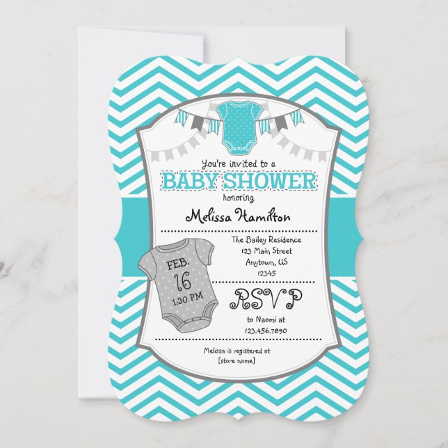 Inbjudan till turkos-Grått Chevron Baby Shower (Framsida)