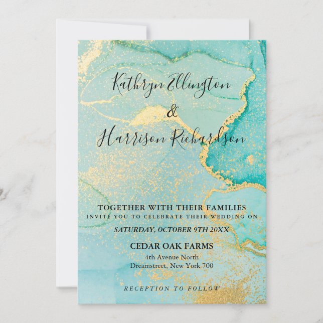 Inbjudan till turkos Guld Watercolor Wedding (Framsida)