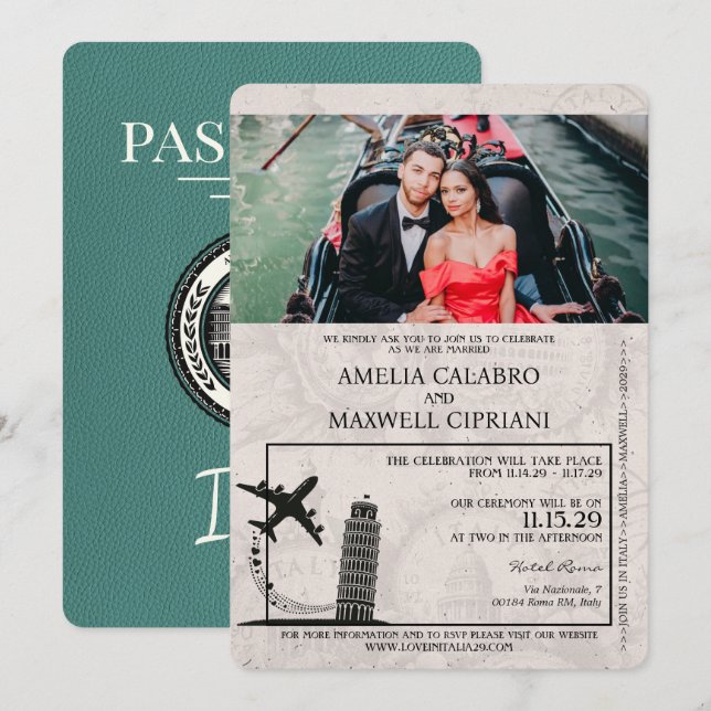 Inbjudan till turkos Italien Passport Wedding (Fram/baksida)