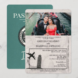 Inbjudan till turkos Italien Passport Wedding