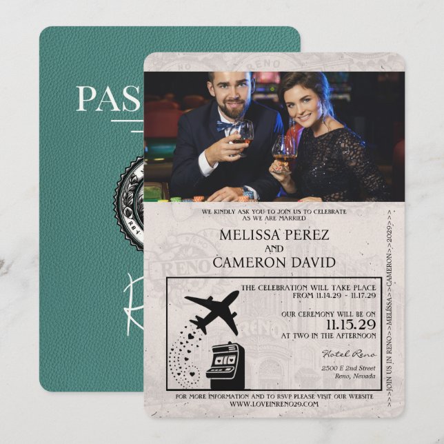 Inbjudan till turkos Reno Passport Wedding (Fram/baksida)