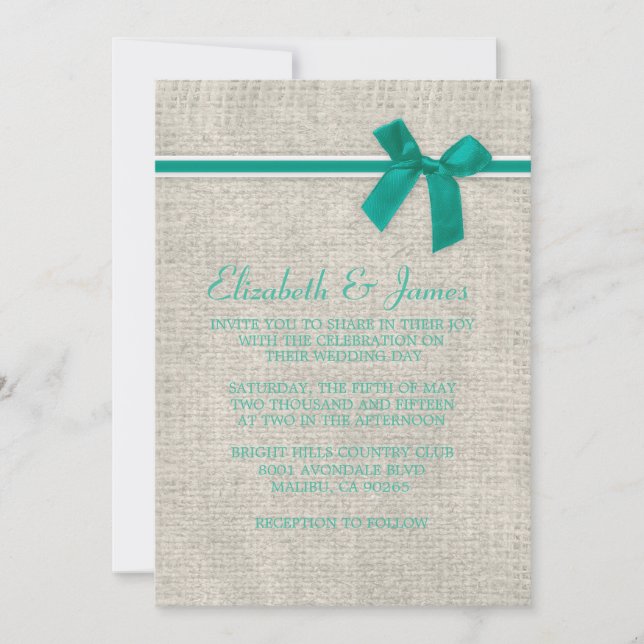 Inbjudan till turkos Rustic Burlap Wedding (Framsida)