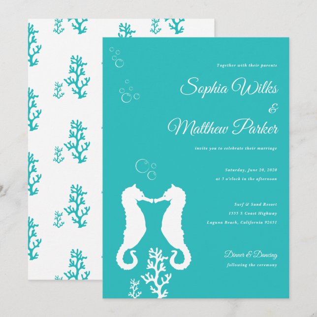 Inbjudan till turkos Seahorse Wedding (Fram/baksida)