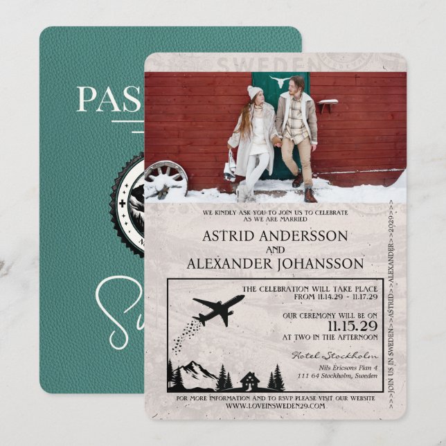 Inbjudan till turkos Sverige Passport Wedding (Fram/baksida)