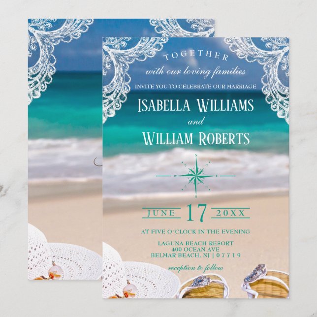 Inbjudan till turkos Tropical Beach Summer Wedding (Fram/baksida)