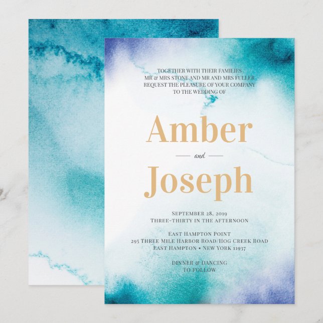 Inbjudan till turkos Watercolor Wedding (Fram/baksida)