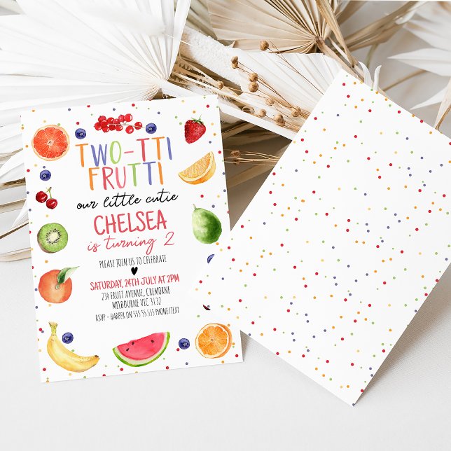 Inbjudan till två tii franska, andra födelsedagen (Twotti Frutti 2nd Birthday Invitation. Summer Twotti Fruity Birthday Invite Template. Tutti Frutti)
