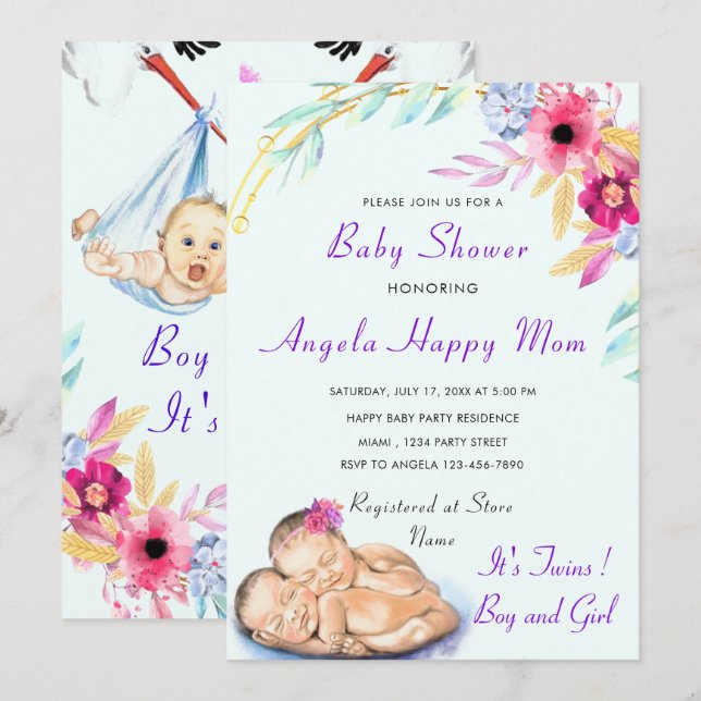 Inbjudan till twillingar Boy and Girl Baby Shower (Fram/baksida)